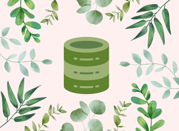 A green icon representing a database, surrrounded by illustrated branches and leaves